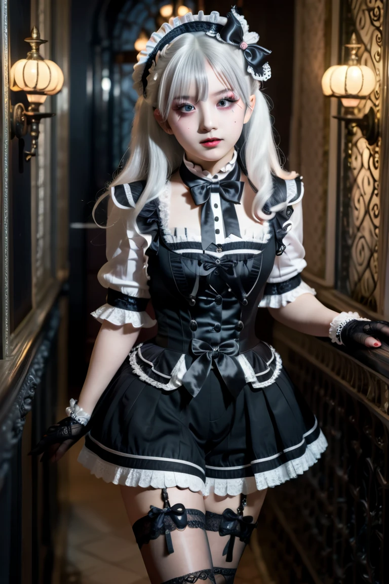  one girl, Silver Hair, semi-long hair, long lashes, big eyes, well-prepared face, plump lips ,white, fine skin, gothic lolita , lots of frills,Multiple belts, Black Lace Long Gloves , Black Knee Socks ,ribbon,Full body portrait,indoor, charming,  cute girl, ((  delicate facial features ,  eroticism)), Dramatic lighting ,  realistic  , 8k, Dramatic Shadows ,  intricate and elaborate pattern  ,  is  ,  beautiful color , Deep Contrast  ,  super real 、 cinematic composition、