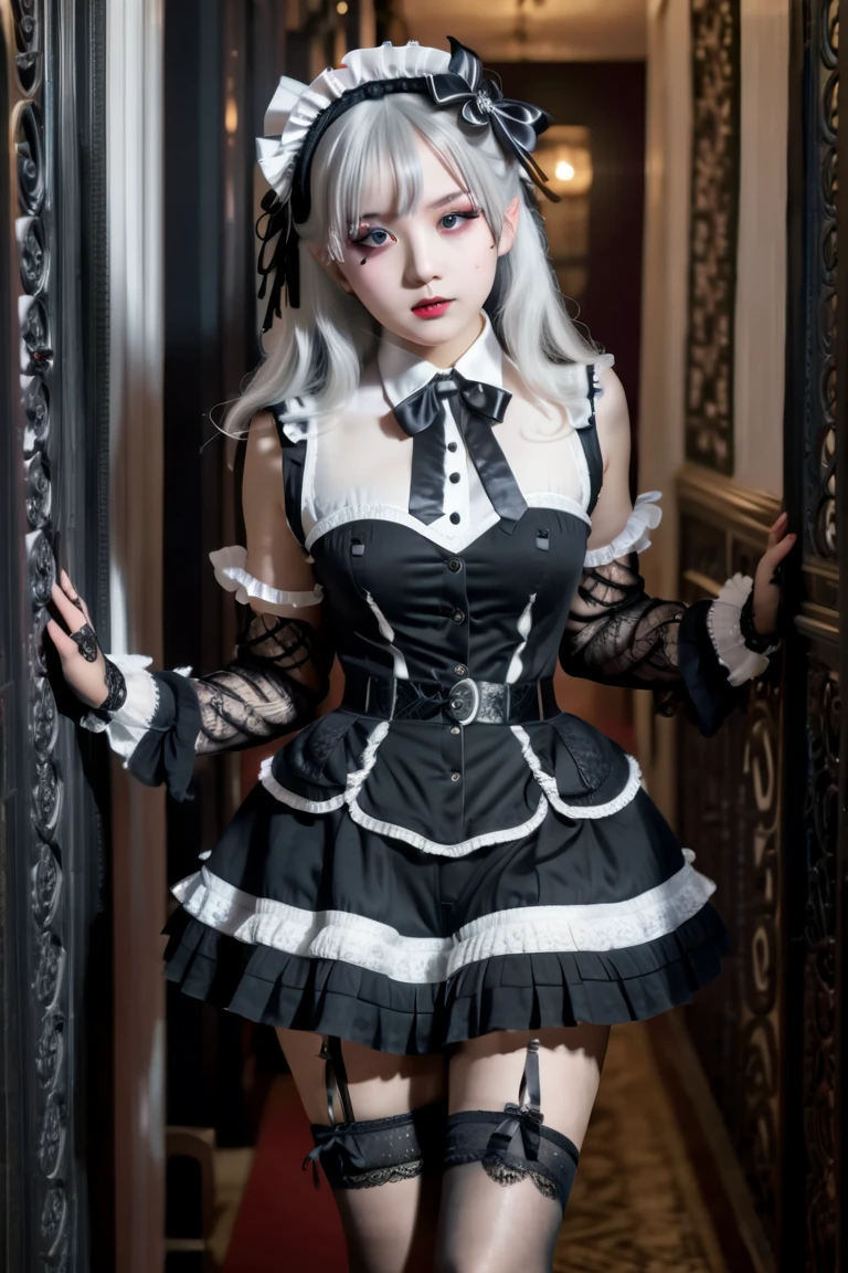  one girl, Silver Hair, semi-long hair, long lashes, big eyes, well-prepared face, plump lips ,white, fine skin, gothic lolita , lots of frills,Multiple belts, Black Lace Long Gloves , Black Knee Socks ,ribbon,Full body portrait,indoor, charming,  cute girl, ((  delicate facial features ,  eroticism)), Dramatic lighting ,  realistic  , 8k, Dramatic Shadows ,  intricate and elaborate pattern  ,  is  ,  beautiful color , Deep Contrast  ,  super real 、 cinematic composition、