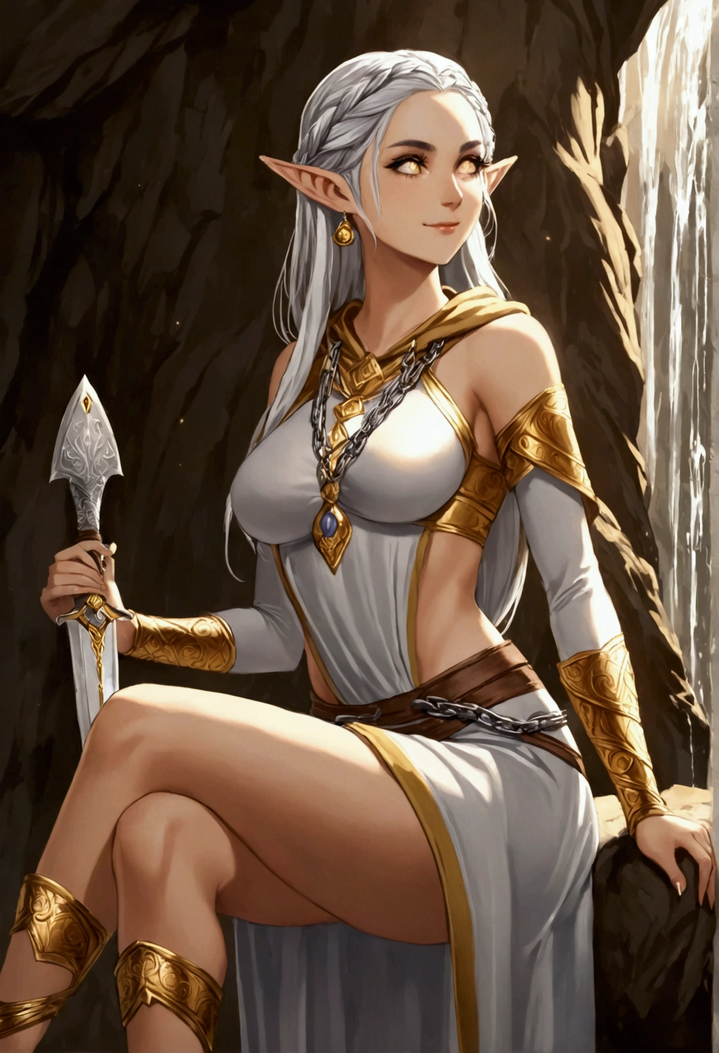 Woman elf: Golden-white sclerae eyes, lined eyelashes, mole under the left eye, silver hair tied in 5-strand waterfall braid, elf ears, serene smile, slightly athletic physique, C-cup breasts, gray priestess hooded tunic with gold details, chain mail, gray priestess clothes, silver sandals, silver earrings, silver coin shaped hair clip, holding a dagger, quiver with arrows, crossed legs.