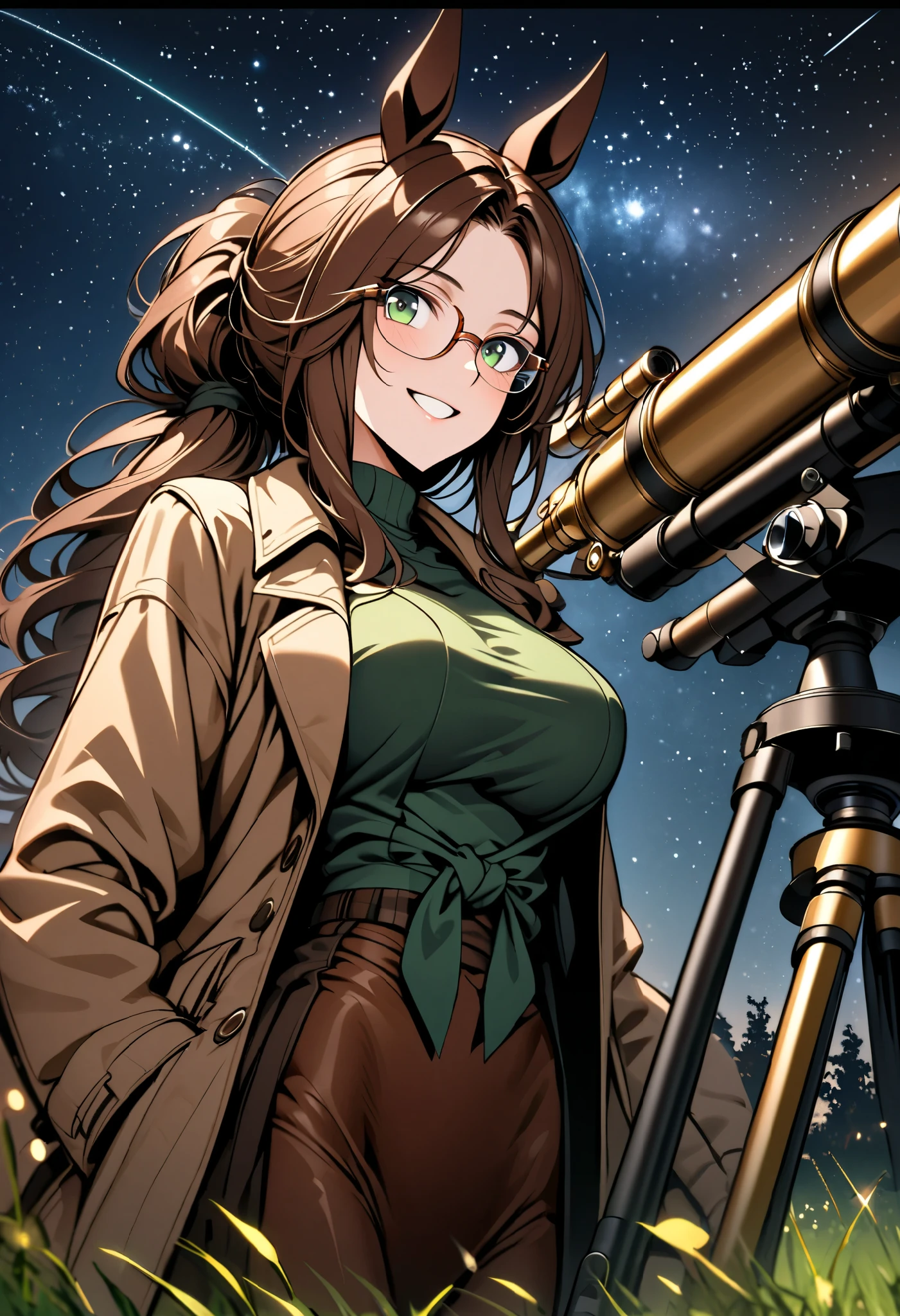 solo, female, close up, long wavy hair, brown hair, dark green eyes, centaur girl, brown horse ears, large breasts, tied hair, modest clothes, night sky, wide smile, large brass telescope, telescope on tripod, starry sky, grassy field, night, coat, glasses, horse body, horse legs, quadruped