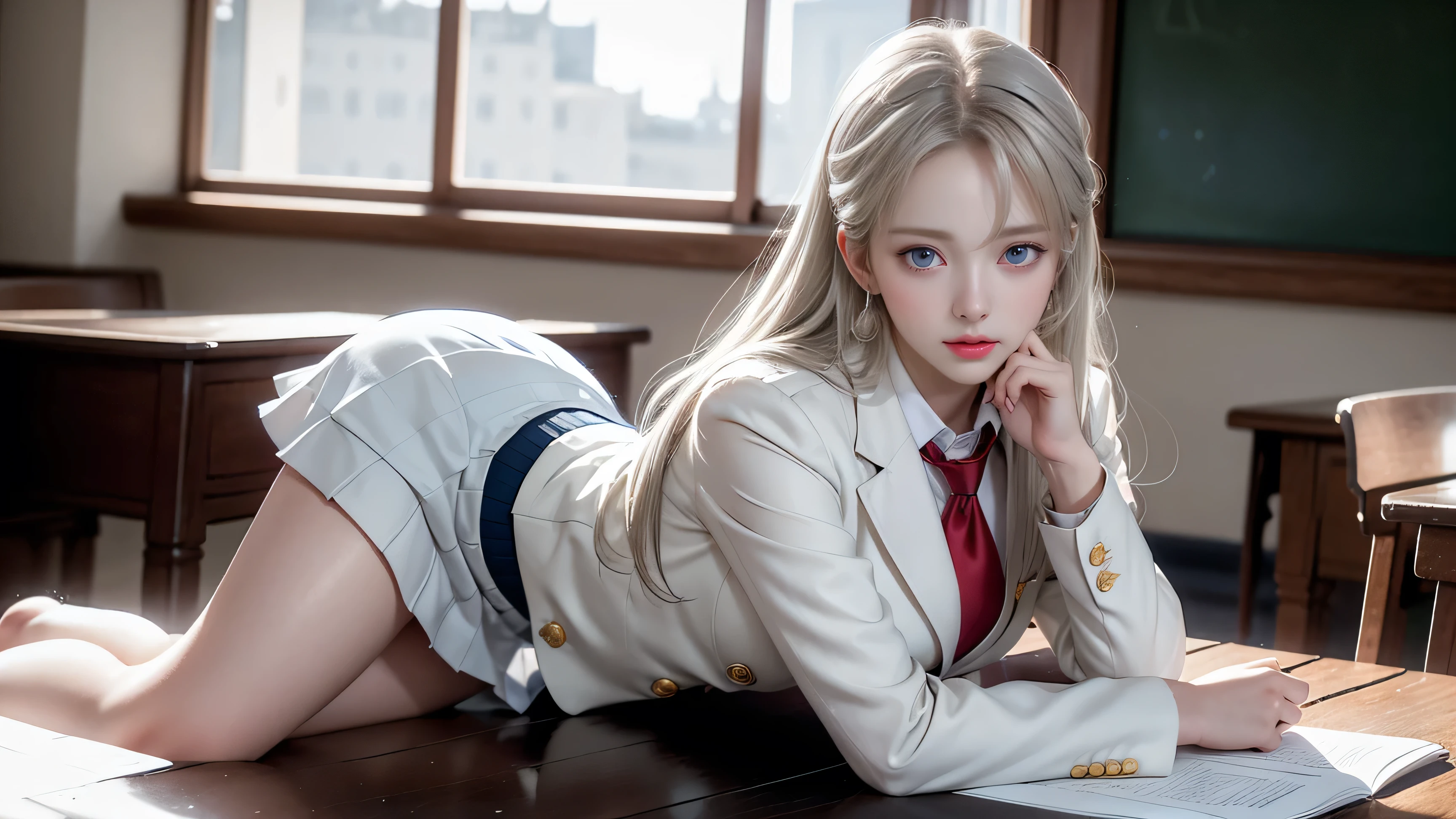 ((Girl standing on the school stairs))、((Rear view))、((look back)),Top quality work、Actual work、Ultra Premium Graphics、8K HD CG Works、High Quality Graphics、High resolution CG work、10x pixels、extremely fine details:1.1、Advanced technical details:1.1 Photorealistic、Natural light:1.5、Light Effects(Virtual Light Effects:1.8)、長いSilver Hair、Silver Hair、Transparent hair、Hair with attention to detail(Premium Hair Detail:1. 1)Clear Eyes、Beautiful double eyelids、Sharp eye make up、Delicate eyelash makeup、Thin eyebrows、Eye for detail、High nose、Nice red lips、Rose Cheek、Casual makeup face、Cute Face、Perfectly proportioned face、(Advanced Face Detail: 1. 1)、girl、Like a fairy in a painting、slim and sexy legs、A beautiful face is beautiful and delicate、Like a finely carved jade、Represents patience and wisdom、 Cherry Lip Color、Her face is clear、Skin as white as jade、Give off a healthy glow、The makeup is light and subtle.、Not too decorative。, eye make up: With eyeshadow and eyeliner、For bright and lively eyes、 ((high school girl))、((White blazer、Chest Emblem))、((White blouse))、((Red tie))、((Navy blue checked skirt))、((The wind blows up my skirt)),((White panties are visible))、Her hair is casually tied back.、 Fixed with hosta、A few strands of hair swaying gently in the wind、Add a little softness、Charmed everyone。elegant、Mystery、powerful、((Shooting angle from below)),