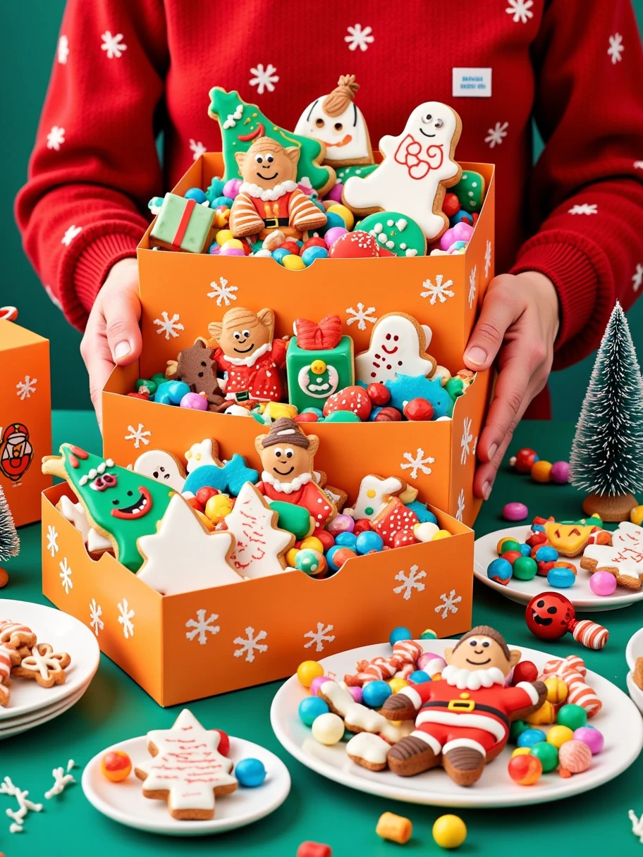  A scene full of Christmas atmosphere 。 and Decorated with colorful icing and sugar cubes ， The inside is filled with Christmas themed cookies of various shapes and colors 。 of these cookies with Santa Claus 、Christmas tree、Gingerbread Man、reindeer、 Christmas wreath, etc. ， The owner is wearing a red sweater 。  The box is held steadily by a pair of hands ， can be seen in the background ， The sweater has a white snowflake pattern ，Adds to the festive atmosphere。On the left side of the box ， There is an orange cookie box ， The box is also decorated with snowflakes and gift boxes {x} There are a few cute Christmas cookies on the plate {x} The pattern of Santa Claus and the words “MERRY CHRISTMAS” are printed on it， The whole picture is filled with a warm and happy atmosphere 。 In the lower left corner of the screen，There is a white plate ， There is an orange nine square box in the center of the picture ， and the green desktop 。 in the background ，桌面上摆放着几棵小型的Christmas tree， The color of the tree is white ， is decorated with some ornaments ， that further enhances the Christmas theme 。  with a few small Christmas trees on the table ，Bright colors， gives a strong festive feeling 。