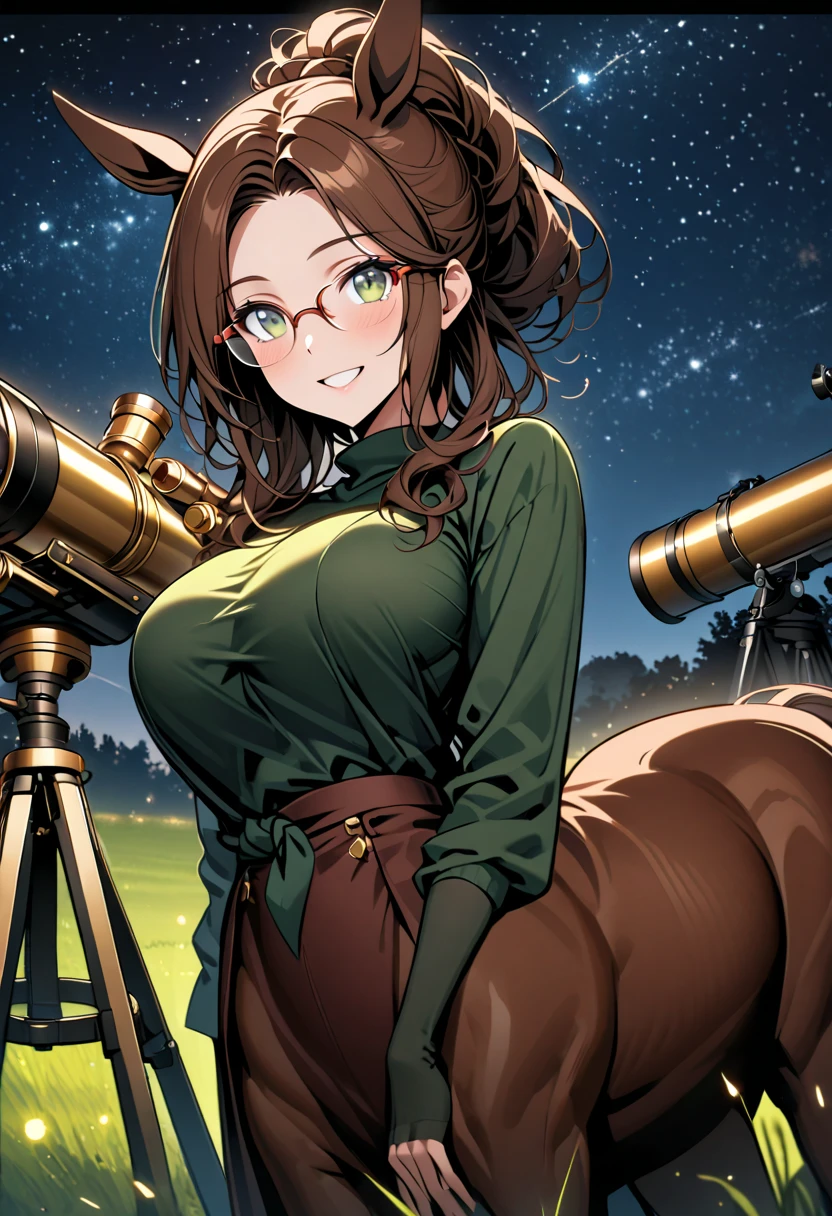 solo, female, close up, long wavy hair, brown hair, dark green eyes, centaur girl, brown horse ears, very large breasts, tied hair, modest clothes, night sky, wide smile, large brass telescope, telescope on tripod, starry sky, grassy field, night, glasses, horse body, horse legs, quadruped