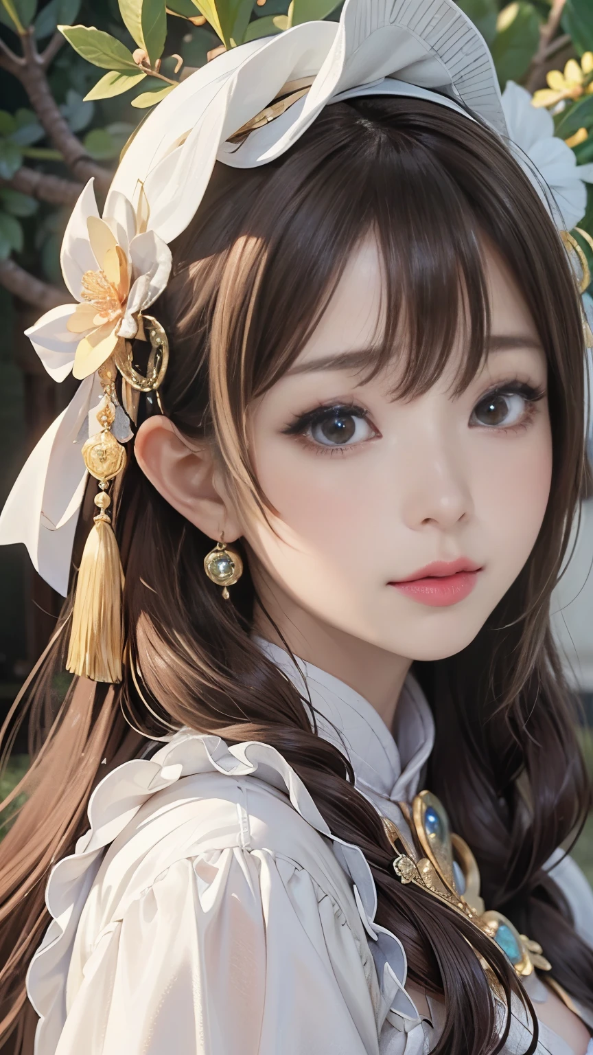 detailed face, cute face,brown eye, Great quality, masterpiece, High Resolutiupon, One girl, blush, (Captivating smile: 0.8), Star Student, chinese hanfu, hair accessory, necklace, jewelry, beauty, upon_body, Tyndall effect, Realistic, Shadow Room, Light Edge, Two-tupone Lighting, (Skin with attention to detail: 1.2), 8k UHD, SLR, Soft Light, high quality, Volumetric lighting, snapshot, High Resolutiupon, 4K, 8k, Background Blur, Real Persupon