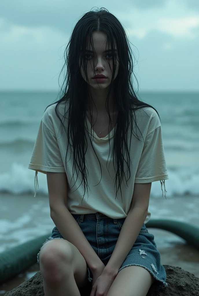 The monster woman 、「Wet Woman 」A specter called 、20 years old、 my lower body is long like a snake's torso 、 long black hair 、 and my hair is wet and stuck to my face、Woman wearing a tattered t-shirt 、Melancholic face、The background is the seaside、I'm sitting on a rock 、