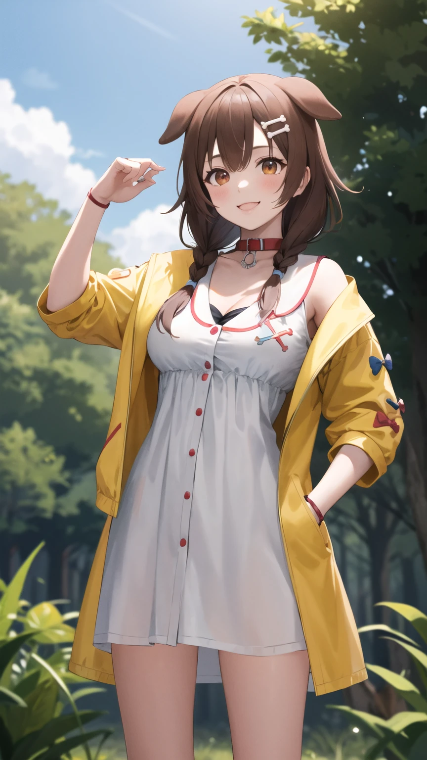 masterpiece, best quality, highres, ik1, 1girl, white dress, yellow jacket, dog tail, animal collar, cleavage, medium breasts, wristband, cartoon bone, hairclip, cowboy shot, standing, outdoors, smile, hand on hip,