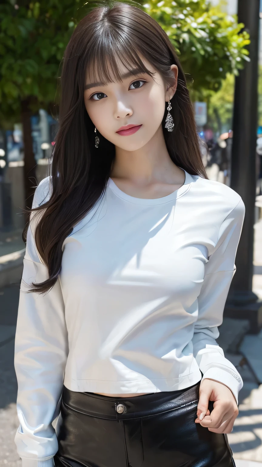 (1 Korean star with royal sister style), ((Best quality, 8K, 巨作: 1.3)), focal point: 1.2, Perfect body proportions: 1.4, (Make a smile), Watery eyes, Highly Detailed Face and Skin Textur, Fine eyes, Double eyelids, Whitens the skin, (long whitr hair, By bangs: 1.3), (face round: 1.5), (Pleated skirt 1.4), (Lace view: 1.6),(black lence stockings: 1.4),(JK style:1.4),(On the street:1.3)