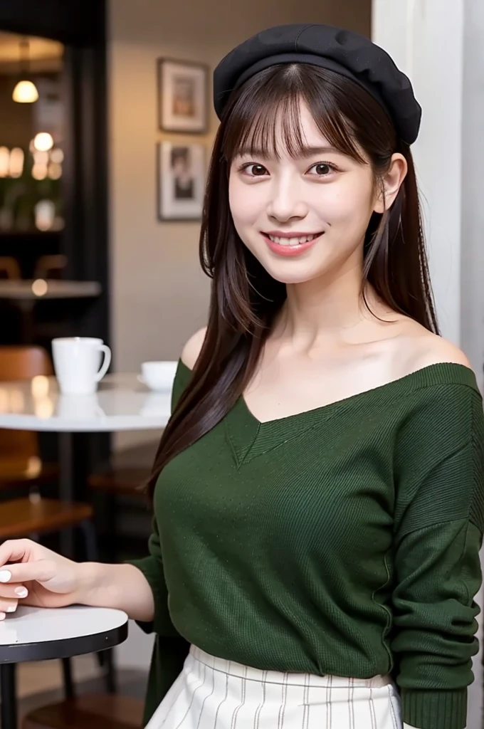 (masterpiece, best quality, perfect anatomy, highres, 8k, realistic, photorealistic, natural skin texture, no makeup:1.2), (morning:1.5), 1girl, solo, Japanese, age20, female fashionable university student, very cute, (large breasts:1.5), standing at a Starbucks counter, gently sliding her coat off one shoulder, She holds a takeaway latte in her other hand, her confident yet approachable smile catching the light, Her mini skirt and beret add to her chic autumn outfit, Her straight, shoulder-length hair frames her face as she looks toward the camera with a soft, inviting gaze, A modern café interior with clean lines and warm tones, vertical composition, jp idol, inugao