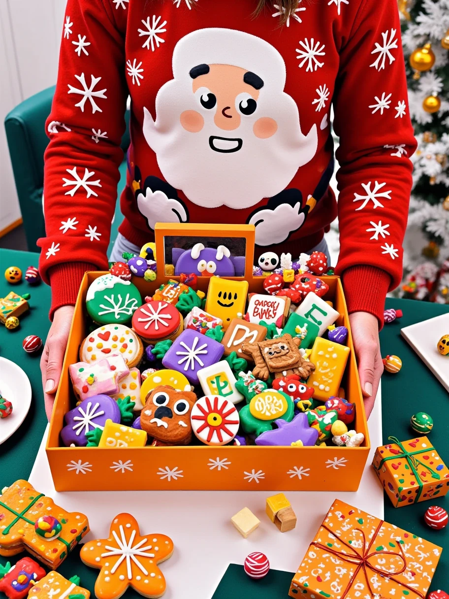  A scene full of Christmas atmosphere 。 and Decorated with colorful icing and sugar cubes ， The inside is filled with Christmas themed cookies of various shapes and colors 。 of these cookies with Santa Claus 、Christmas tree、Gingerbread Man、reindeer、 Christmas wreath, etc. ， The owner is wearing a red sweater 。  The box is held steadily by a pair of hands ， can be seen in the background ， The sweater has a white snowflake pattern ，Adds to the festive atmosphere。On the left side of the box ， There is an orange cookie box ， The box is also decorated with snowflakes and gift boxes {x} There are a few cute Christmas cookies on the plate {x} The pattern of Santa Claus and the words “MERRY CHRISTMAS” are printed on it， The whole picture is filled with a warm and happy atmosphere 。 In the lower left corner of the screen，There is a white plate ， There is an orange nine square box in the center of the picture ， and the green desktop 。 in the background ，桌面上摆放着几棵小型的Christmas tree， The color of the tree is white ， is decorated with some ornaments ， that further enhances the Christmas theme 。  with a few small Christmas trees on the table ，Bright colors， gives a strong festive feeling 。