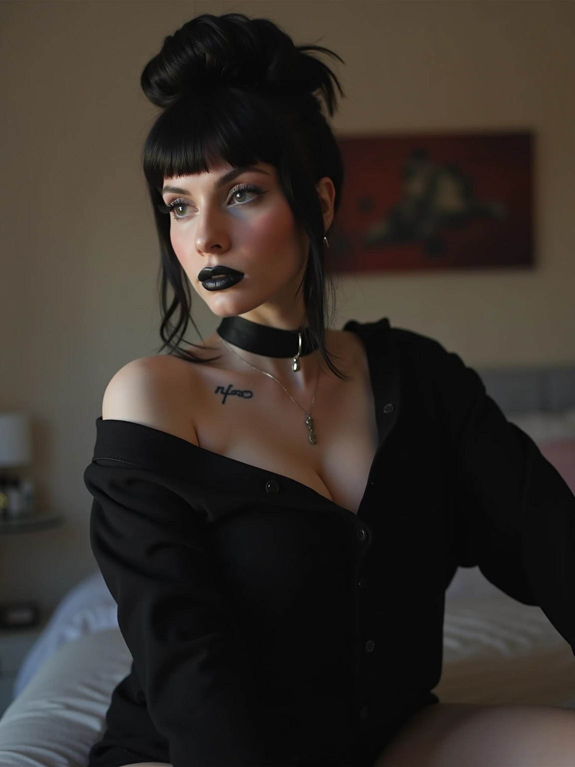 1girl, woman, emo_hairstyle, black lipstick, big choker, eyeliner, eye shadow, mascara, smoky eyes, black lips, bedroom, natural lighting, perfect face, emo, big breasts, black lips, sweatshirt, over the shoulder, tattoo