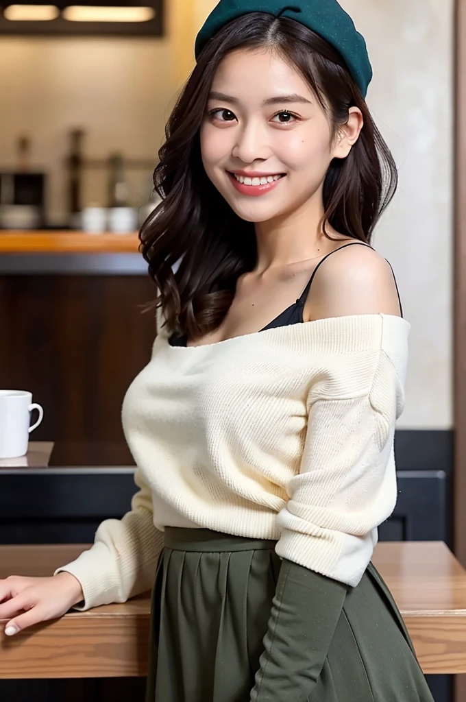 (masterpiece, best quality, perfect anatomy, highres, 8k, realistic, photorealistic, natural skin texture, no makeup:1.2), (morning:1.5), 1girl, solo, Japanese, age20, female fashionable university student, very cute, (large breasts:1.5), standing at a Starbucks counter, gently sliding her coat off one shoulder, She holds a takeaway latte in her other hand, her confident yet approachable smile catching the light, Her mini skirt and beret add to her chic autumn outfit, Her straight, shoulder-length hair frames her face as she looks toward the camera with a soft, inviting gaze, A modern café interior with clean lines and warm tones, vertical composition, jp idol, nekogao