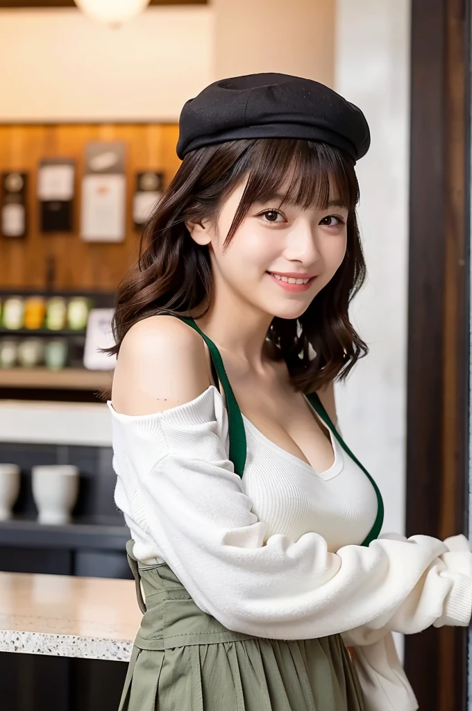 (masterpiece, best quality, perfect anatomy, highres, 8k, realistic, photorealistic, natural skin texture, no makeup:1.2), (morning:1.5), 1girl, solo, Japanese, age20, female fashionable university student, very cute, (large breasts:1.5), standing at a Starbucks counter, gently sliding her coat off one shoulder, She holds a takeaway latte in her other hand, her confident yet approachable smile catching the light, Her mini skirt and beret add to her chic autumn outfit, Her straight, shoulder-length hair frames her face as she looks toward the camera with a soft, inviting gaze, A modern café interior with clean lines and warm tones, vertical composition, jp idol, nekogao