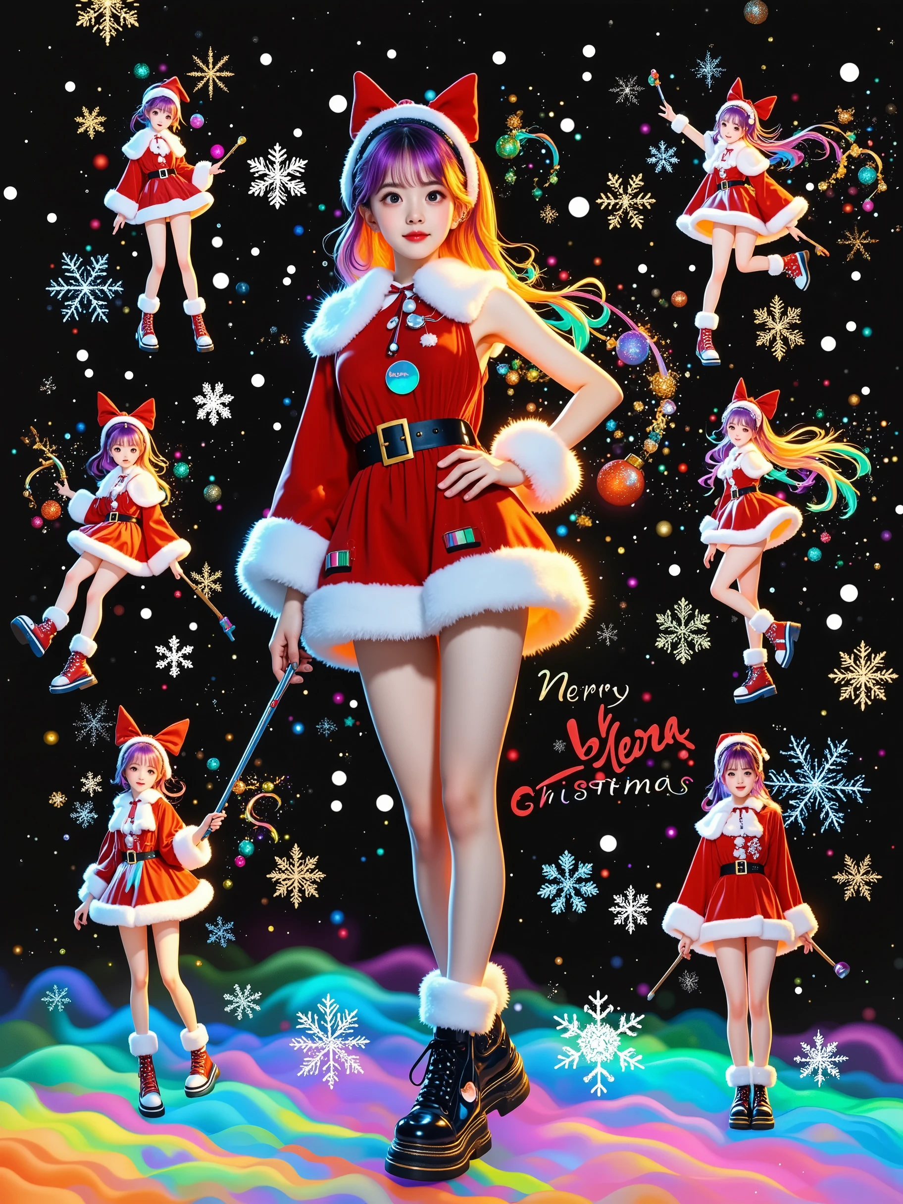 A photorealistic character sheet in a 9x9 grid layout featuring a single consistent character,  Cyberpunk style fatal girl wearing a Christmas costume ,  Each pocket shows a different aspect of her design ,  include a close-up of her eye-catching features ,  such as neon orange or purple hair and sharp eyes with festive cyber implants ,  These implants glow in the dark , Showcasing changes in her costume ,  snowflake patterns that emphasize a smooth Santa costume ,  High-tech accessories such as a magic wand with glowing runes , And avant-garde shoes with bell buckles ,  Add elements such as reindeer and snowflakes and circuits that glow on her skin,  These circuits look like Christmas symbols ,  background should be A dark futuristic cityscape on a Christmas night ,  with neon lights in the shape of a Christmas tree and snowman ,  accentuating the character's bold and mysterious personality 