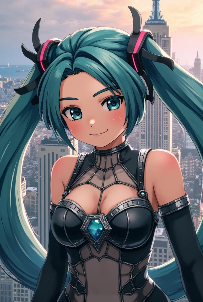 (masterpiece、 top quality 、 top quality 、 Official Art 、 Beautiful and Beautiful :1.2)、( One Girl :1.3) Hatsune Miku 、 twin tails, Beautiful breasts,   cute girl、  spider suit, Spider web print, Spider web, spider-man, masterpiece,  absurd,  Details,  High Definition , (( Highly detailed faces and eyes looking up at the distant sun )),  Photorealistic,,  focus on the eyes ,, Standing on the roof of a skyscraper, ((No mask)),  staring at the viewer, smile,  black hair,  Boy Focus, Big Hair, Curly Hair, Round Glasses,  earrings for women with first name, , New York Buildings Background,