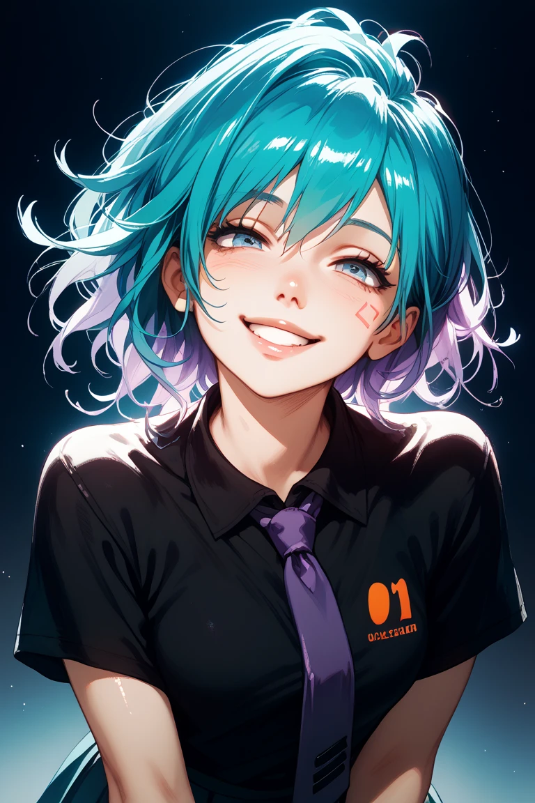T-shirt design, Yandere,  masterpiece ,  best quality , miku, aqua hair, purple hair, ((faceless)), , cowboy shot,  dark background, neon hair , purple tie, black shirt,  shiny tie , shoulder mark , Flat Color,  limited palette , sem lineart , skirt, bad, gesugao, smile,  head tilt,
