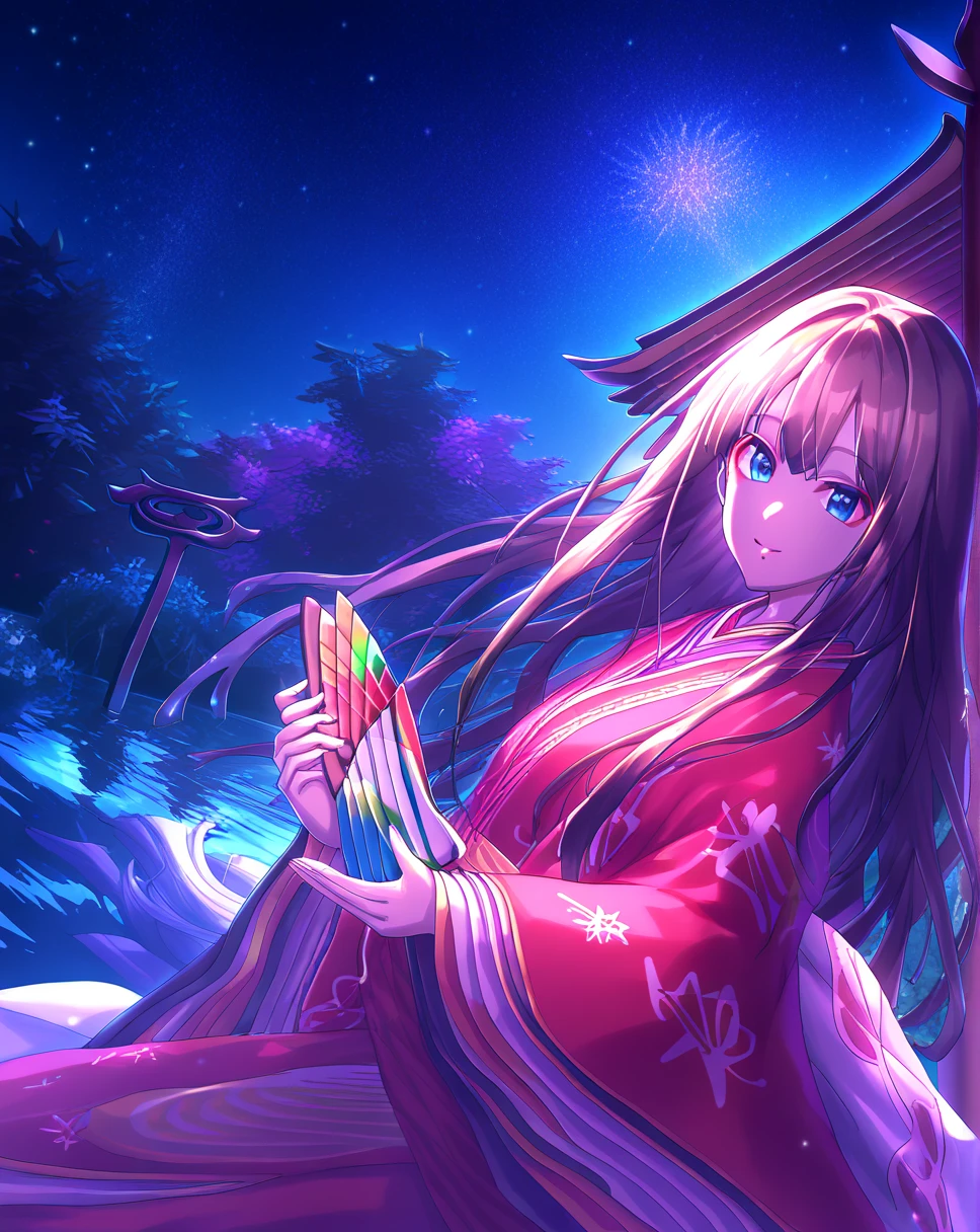  One girl ,   single, wearing rainbow  12ingle, Joy, Magenta,  long hair,   bright blue eyes , Holding a folding fan,  Japanese Garden, night,  starry sky ,   frame position  , masterpiece,  absurd,  top quality , score_9, score_8_ up, score_7_ up, , (perfect hand,  perfect anatomy ),,  five fingers