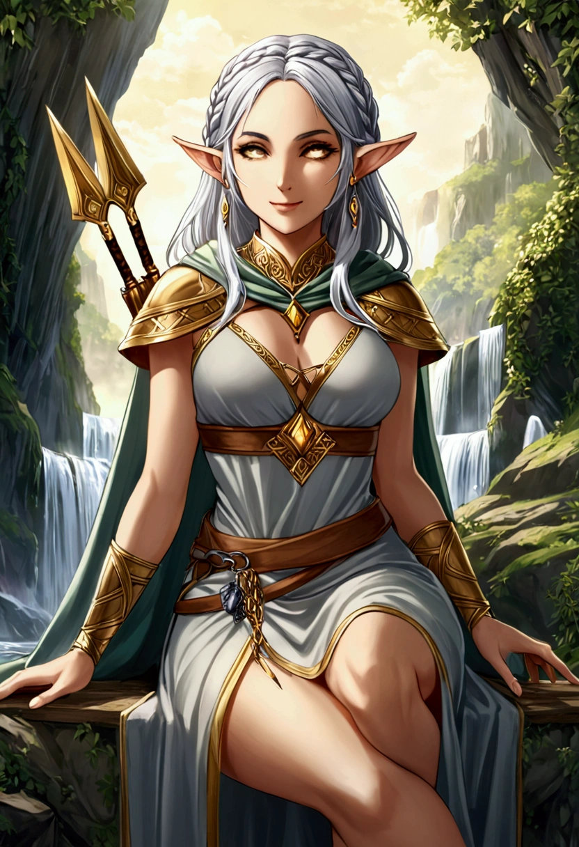 Woman elf: Golden-white sclerae eyes, lined eyelashes, mole under the left eye, silver hair tied in 5-strand waterfall braid, elf ears, serene smile, slightly athletic physique, C-cup breasts, gray priestess hooded tunic with gold details, chain mail, gray priestess clothes, silver sandals, silver earrings, silver coin shaped hair clip, holding a dagger, quiver with arrows, crossed legs.