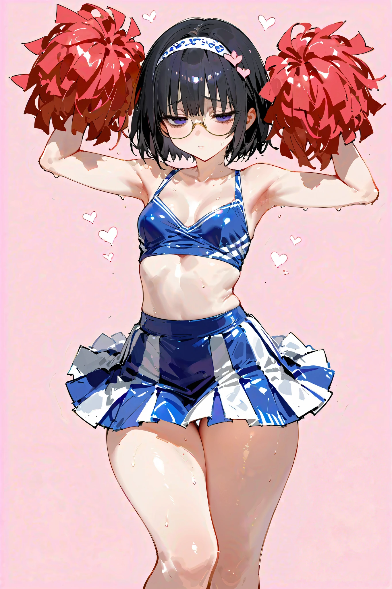 Sketch depicting the full body of a mature dancing woman、 hair over eyes, detailed hairband, (bags under eyes1.3), short hair、Round Glasses, black hair, cowboy shot, small breasts、Thick thighs、 light pink simple background、heart, nsfw, empty eyes、(glistening skin), (oily skin), (shiny skin),(half closed eyes), Cheerleader Costume