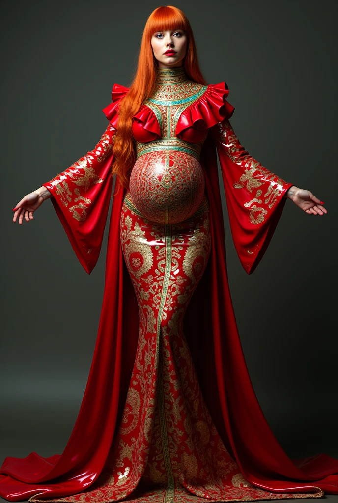 8k, masterpiece, very realistic, Full body (Sexy pregnant queen 1.2), very slim waist, slim thighs, elaborate detailed tight black detailed embroidered formal dress, long straight flowing orange hair, elaborate detailed patterned green stockings, medium breasts, pregnant, (curved back 1.2), silver tiara with an emerald gem in the center