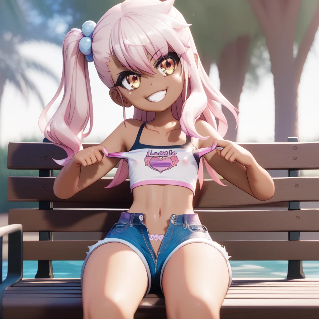 1girl,solo,smile,outdoor,midriff, pink tube top, denim hotpants, open fly, beld, gyaru clothes, thighighs,sitting,bench, chloe,dark_skinned_female,dark_skin,long_hair,pink_hair,yellow_eyes,hair_between_eyes,white_hair,bangs,flat chest,,half_updo,one_side_up, young girl, (loli:1.3), slender waist, nice hips, slut, side ponytail, cameltoe, pulling open shorts, pulling up top, nipple, pussy,