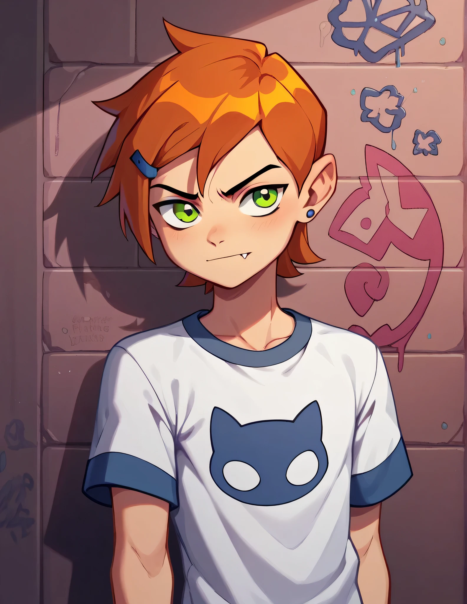 Ben Tennyson (Ben 10),Score_9, Score_8_Up, Score_7_Up, Muse_Characteristics, 1 boy, Alone,:3, Bunch, Curved, Looking at the audience, Green eyes, Brown hair, Fang out, White long-sleeved shirt, T-shirt covering the lower half, No pants, Femboy, Dusty, Happiny, Cartoon, Graffiti, Pink theme, Various color backgrounds,