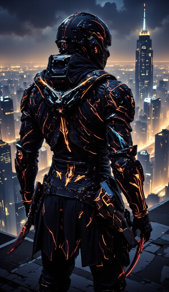 A black leather full-body image 、and a hood, Close-up of a hooded person in invisible armor . wears leather armor, Tights.epic ninja suit, Rogue.Leather fit to cover the whole body. smooth leather .Boy Teenage Assassin , stealth suit , Cyberpunk assassin , stands on the roof of a skyscraper.Handheld composite mechanical giant bow . black night . Dark atmosphere .Low light.Weak lights cast dramatic shadows. Weird cyberpunk atmosphere . cyberpunk city.Futuristic tech style
