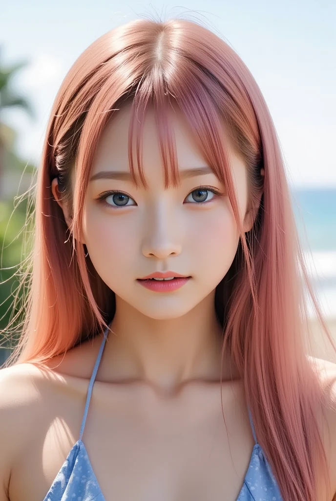 18-year-old girl,((  topless、Nipples,naked:1.3)),  cowboy shot 、 delicate and beautiful CG art ),( top quality ,  Ultra Detailed ,  High Definition ),( dynamic angle , Dynamic Lighting),( 1 character ),( long pink and blond hair),  blue eyes,  beautiful faces),  1 girl, ( Long side burn , plant, smile,  long blue dress , 3 d,  ocean, water, Beach ball, shell, sunny, In the Wind 