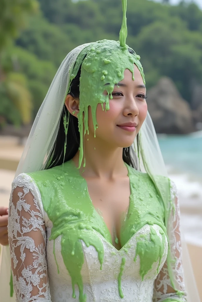 Wedding photograph. Korean teen covered in green water. Photorealistic. Wet liquid. Nasty slime. Raw photo. Wearing white wedding dress. Wearing wedding veil. Cleavage. outside tropical beach. Green Slime. Dripping green goo. 18 years old. Wet green liquid. Wedding photography. Korean girl. (Korean teen girl: 1.1). Massive boobs.