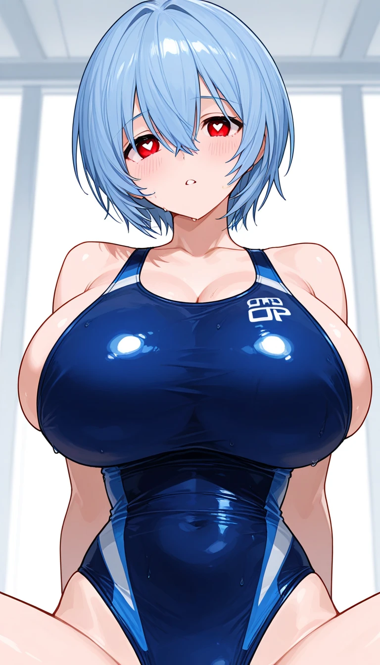 (masterpiece,  top quality ), Neon Genesis Evangelion、Rei Ayanami、 blue hair、 short hair、 red eyes、Blue swimsuit、 very huge big boobs、 heart eyes 