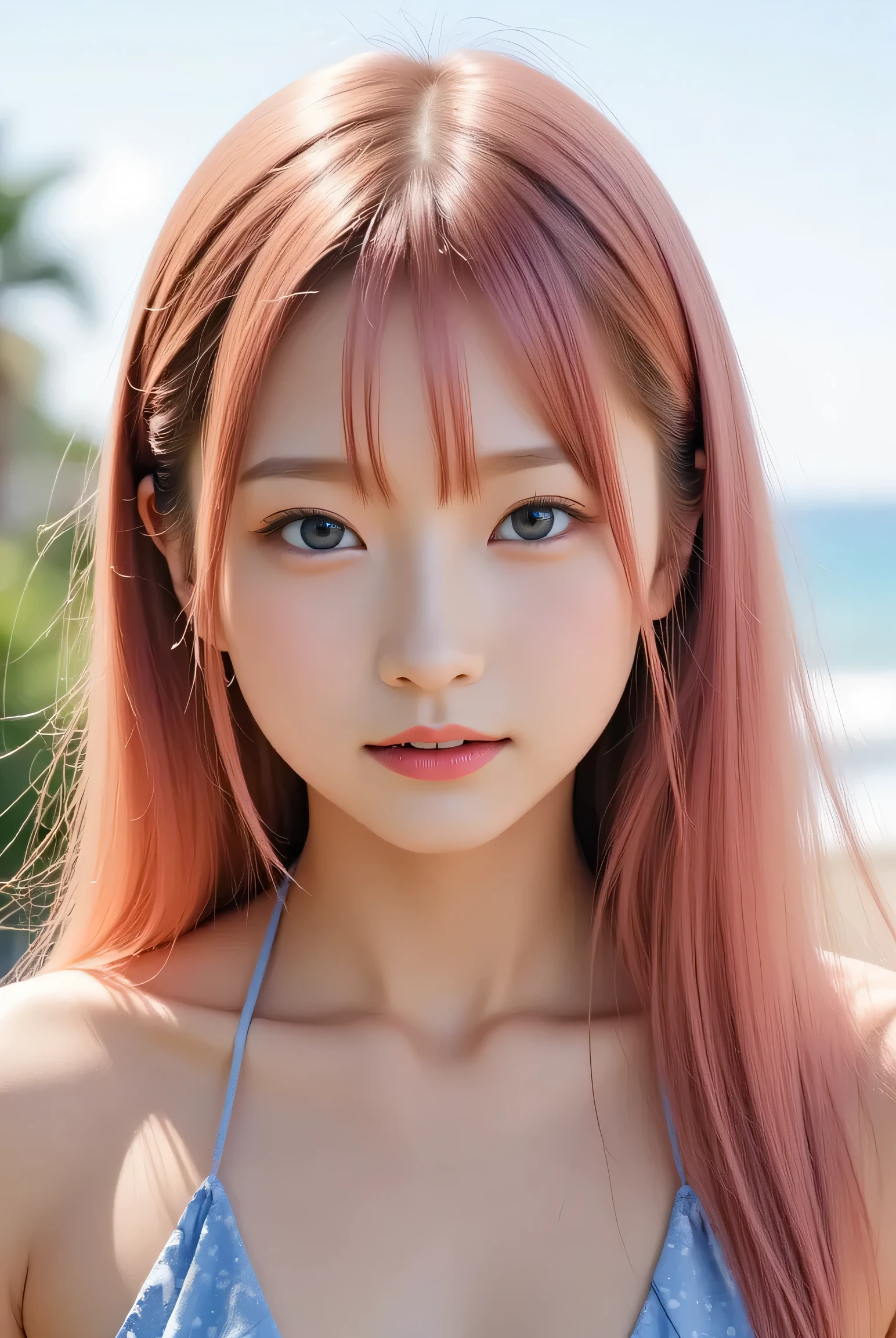 18-year-old girl,((  topless、Nipples,naked:1.3)),  cowboy shot 、 delicate and beautiful CG art ),( top quality ,  Ultra Detailed ,  High Definition ),( dynamic angle , Dynamic Lighting),( 1 character ),( long pink and blond hair),  blue eyes,  beautiful faces),  1 girl, ( Long side burn , plant, smile,  long blue dress , 3 d,  ocean, water, Beach ball, shell, sunny, In the Wind 