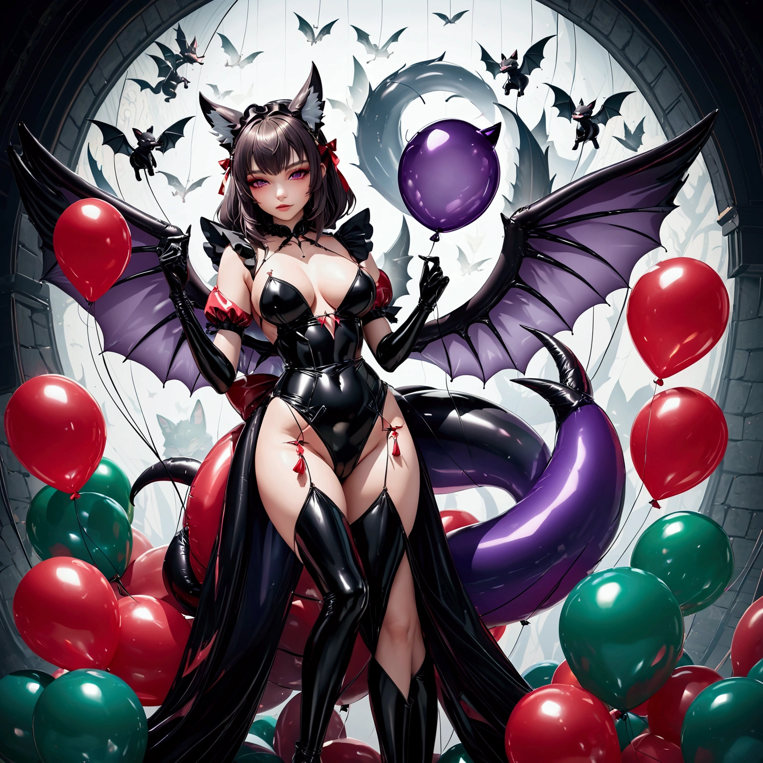 High quality. 3D. Furry. The graphics include smooth, shiny, huge ornate metallic purple devil wings and symmetry. Smooth and transparent inflatable balloon demon. Glossy transparent inflatable balloon with wings succubus maid, Glossy transparent inflatable balloon with wings rubber devil tail and fox ears, Glossy transparent inflatable balloon with wings rubber latex girl. Character inflatable balloon gloves. She holds a fox balloon, wears a red, green, glittery, transparent inflatable balloon maid outfit, and her tail is an inflatable balloon rubber latex. Big . Body wrapped in balloons, standing, full body frontal view. There are many fox balloons under your feet.
