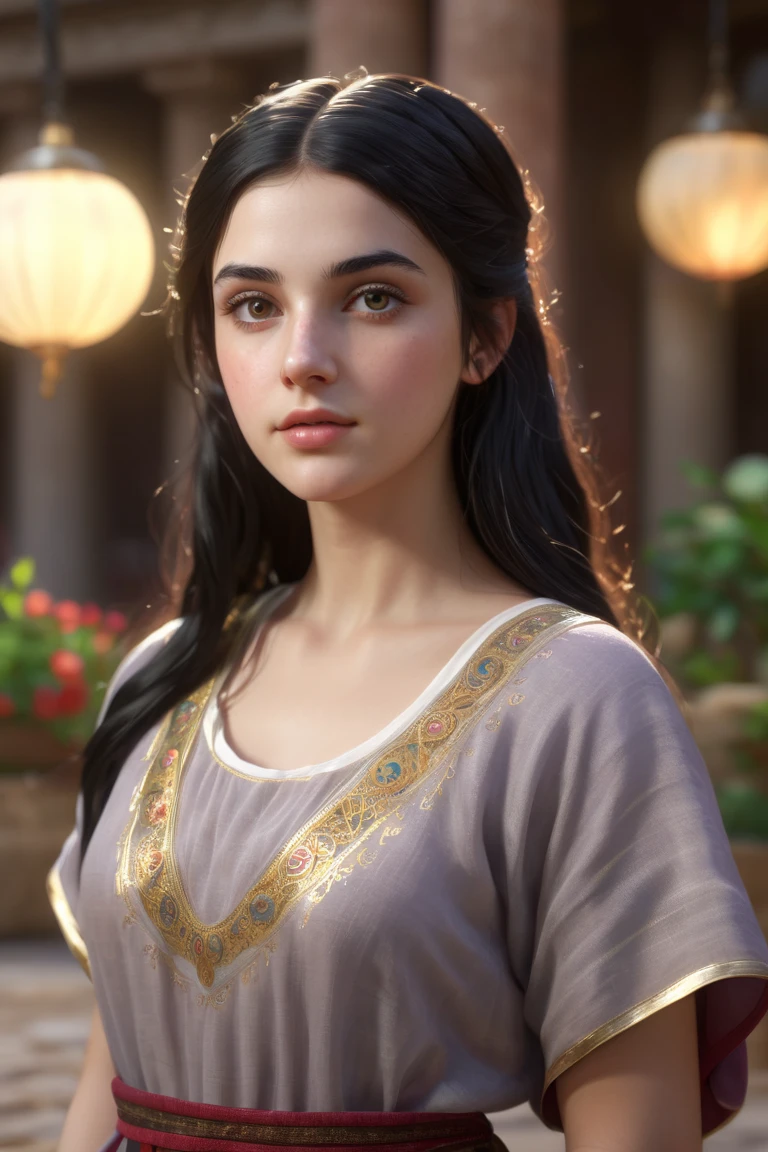 a young woman with long black hair, innocent gaze, large dark eyes, rosy cheeks, fair skin, wearing a tunic of ancient Rome, realistic, photorealistic, photo-realistic:1.37, (best quality,4k,8k,highres,masterpiece:1.2),ultra-detailed,(realistic,photorealistic,photo-realistic:1.37),HDR,UHD,studio lighting,ultra-fine painting,sharp focus,physically-based rendering,extreme detail description,professional,vivid colors,bokeh,cute,adorable,kawaii,elegant,beautiful,detailed face,intricate details,cinematic lighting,warm tones