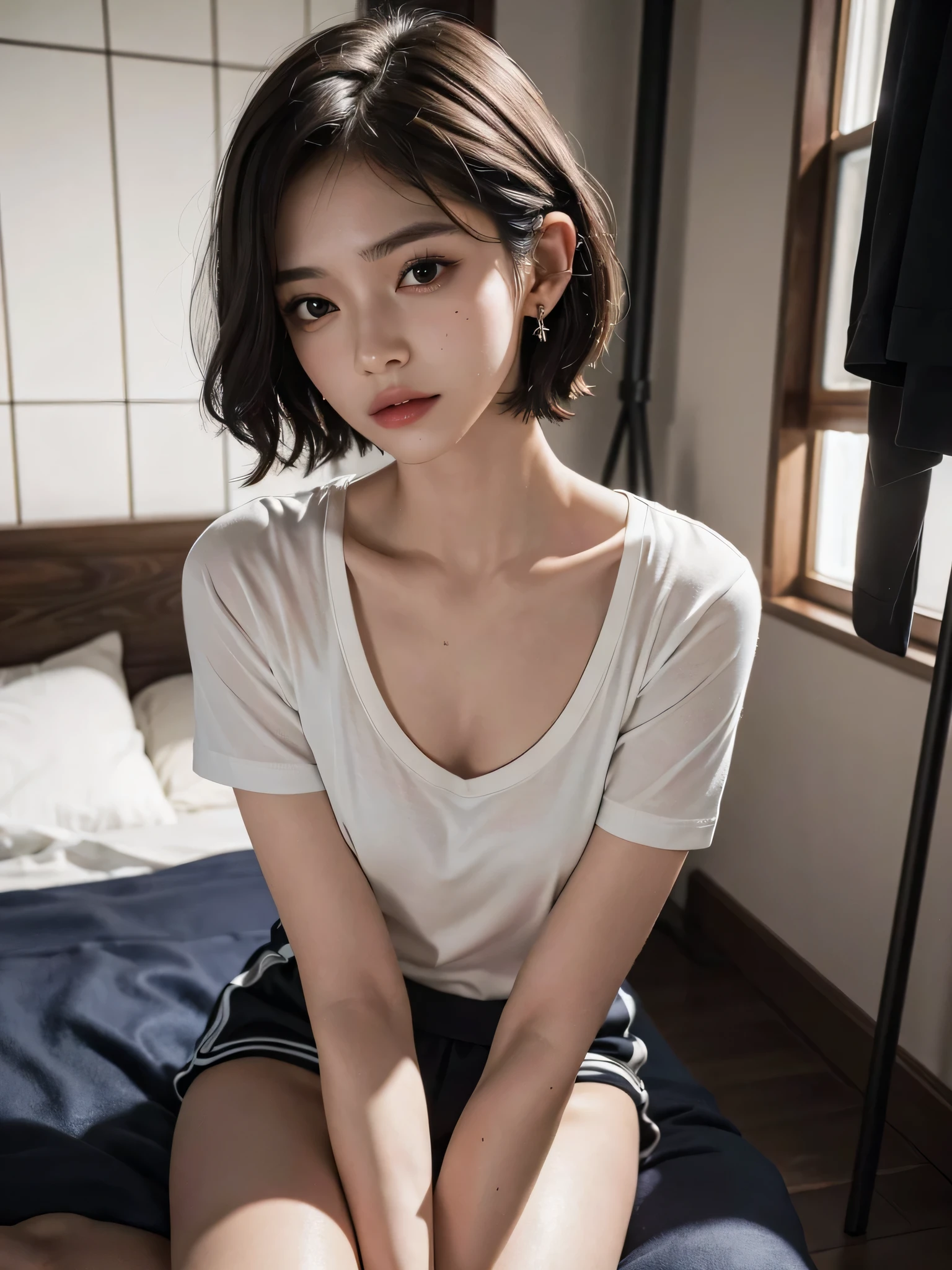 ((top-quality、8K、tmasterpiece:1.3))、Sexy women、1girl in、(Slender figure:1.2)、dark brown hair、com rosto detalhado、Detailed lips、A detailed eye、二重まぶた、(huge-breasted:1.2)、tee shirt、Random clothes、random place、Specific females、Plain clothe、Dressing、