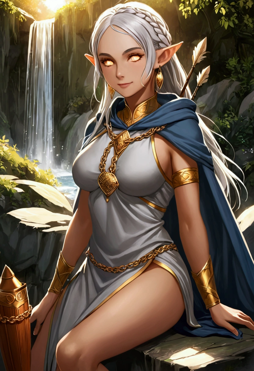 Woman elf: Golden-white sclerae eyes, lined eyelashes, mole under the left eye, silver hair tied in 5-strand waterfall braid, elf ears, serene smile, slightly athletic physique, C-cup breasts, gray priestess hooded tunic with gold details, chain mail, gray priestess close clothes, silver sandals, silver earrings, silver coin shaped hair clip, holding a dagger, quiver with arrows, crossed legs.