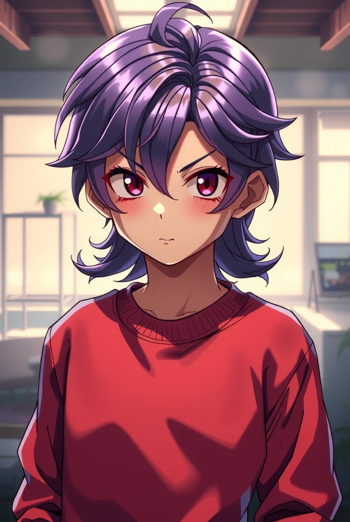 anime boy,  purple hair, red sweatshirt 
