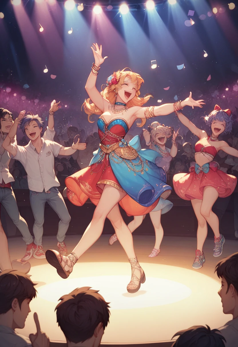 multicolored tutu, multilayered skirt, mature female, woman, (dark-skinned female:1.3), ginger curly hair, dancing, full body, best quality, masterpiece, bloom <lyco:tutu-08:0.7>