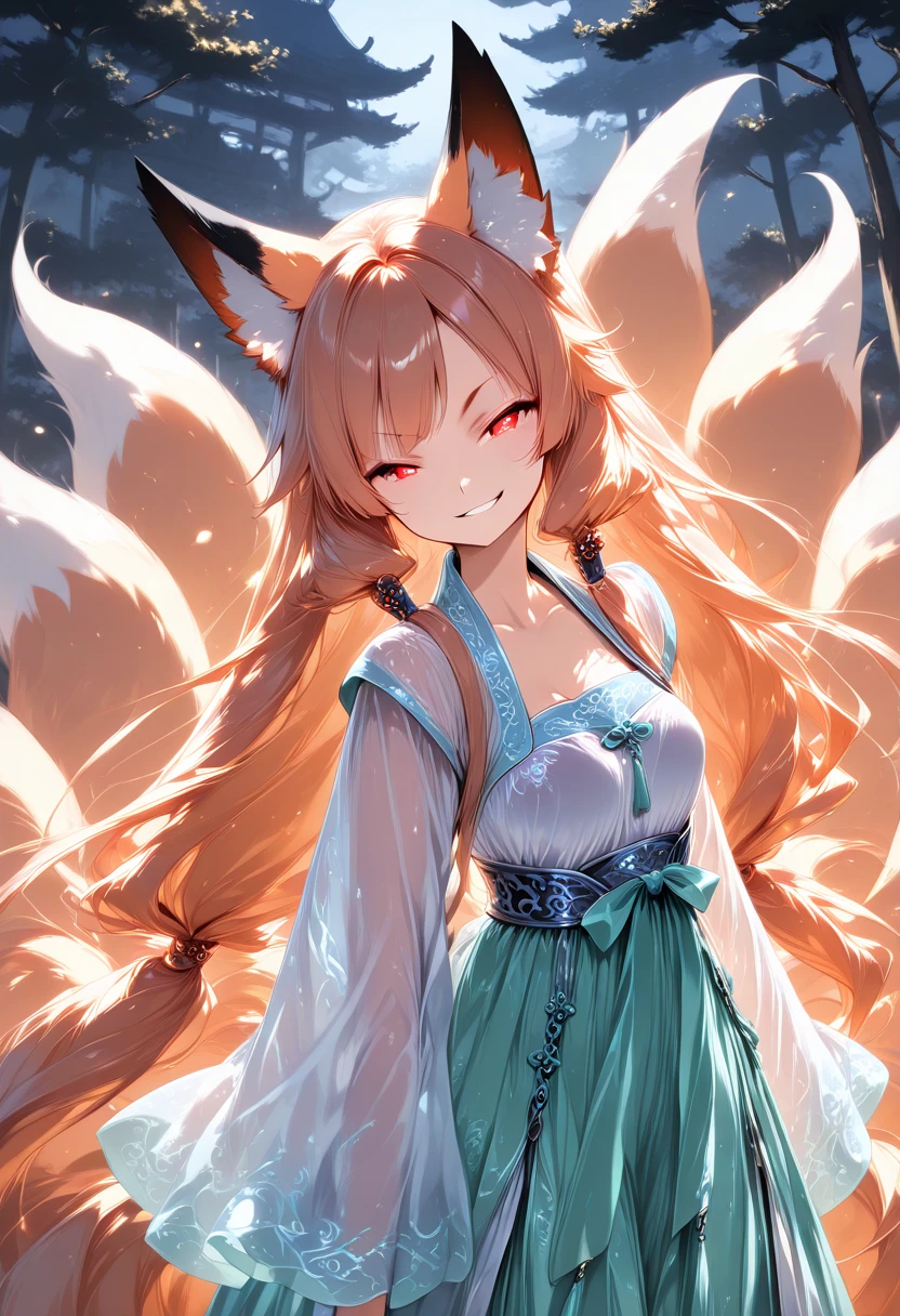 1girl, long hair,smirks,many fox tails, open eyes, beautiful eyes,fluff tails, fluff animal ears,blouse, see-through,hanfu, BREAK fox beside her