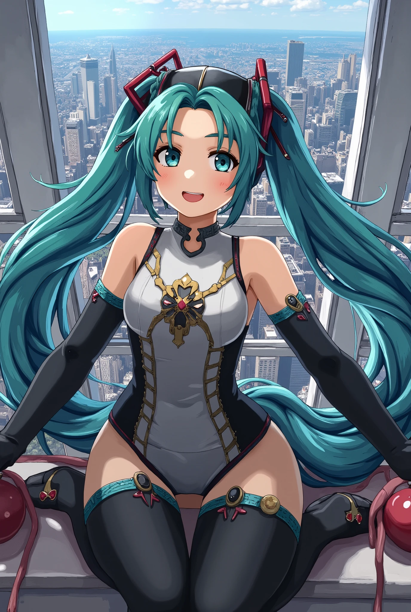 (masterpiece、 top quality 、 top quality 、 Official Art 、 Beautiful and Beautiful :1.2)、( One Girl :1.3) Hatsune Miku 、 twin tails, Beautiful breasts,   cute girl、  spider suit, Spider web print, Spider web, spider-man, masterpiece,  absurd,  Details,  High Definition , (( Highly detailed faces and eyes looking up at the distant sun )),  Photorealistic,,  focus on the eyes ,, Standing on the roof of a skyscraper, ((No mask)),  staring at the viewer, smile,  black hair,  Boy Focus, Big Hair, Curly Hair, Round Glasses,  earrings for women with first name, , New York Buildings Background,