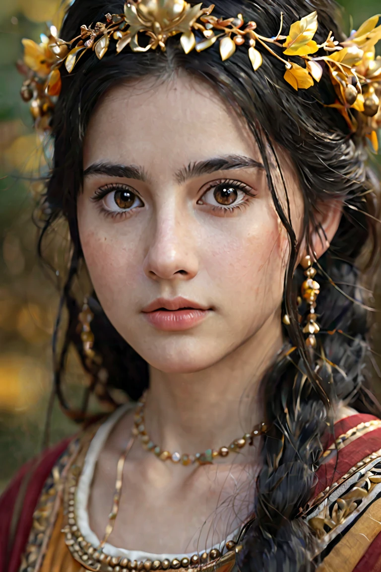 a young woman with long black hair, innocent gaze, large dark eyes, rosy cheeks, fair skin, wearing a tunic of ancient Rome, golden laurel crown, realistic, photorealistic, photo-realistic:1.37, (best quality,4k,8k,highres,masterpiece:1.2),ultra-detailed,(realistic,photorealistic,photo-realistic:1.37),HDR,UHD,studio lighting,ultra-fine painting,sharp focus,physically-based rendering,extreme detail description,professional,vivid colors,bokeh,cute,adorable,kawaii,elegant,beautiful,detailed face,intricate details,cinematic lighting,warm tones