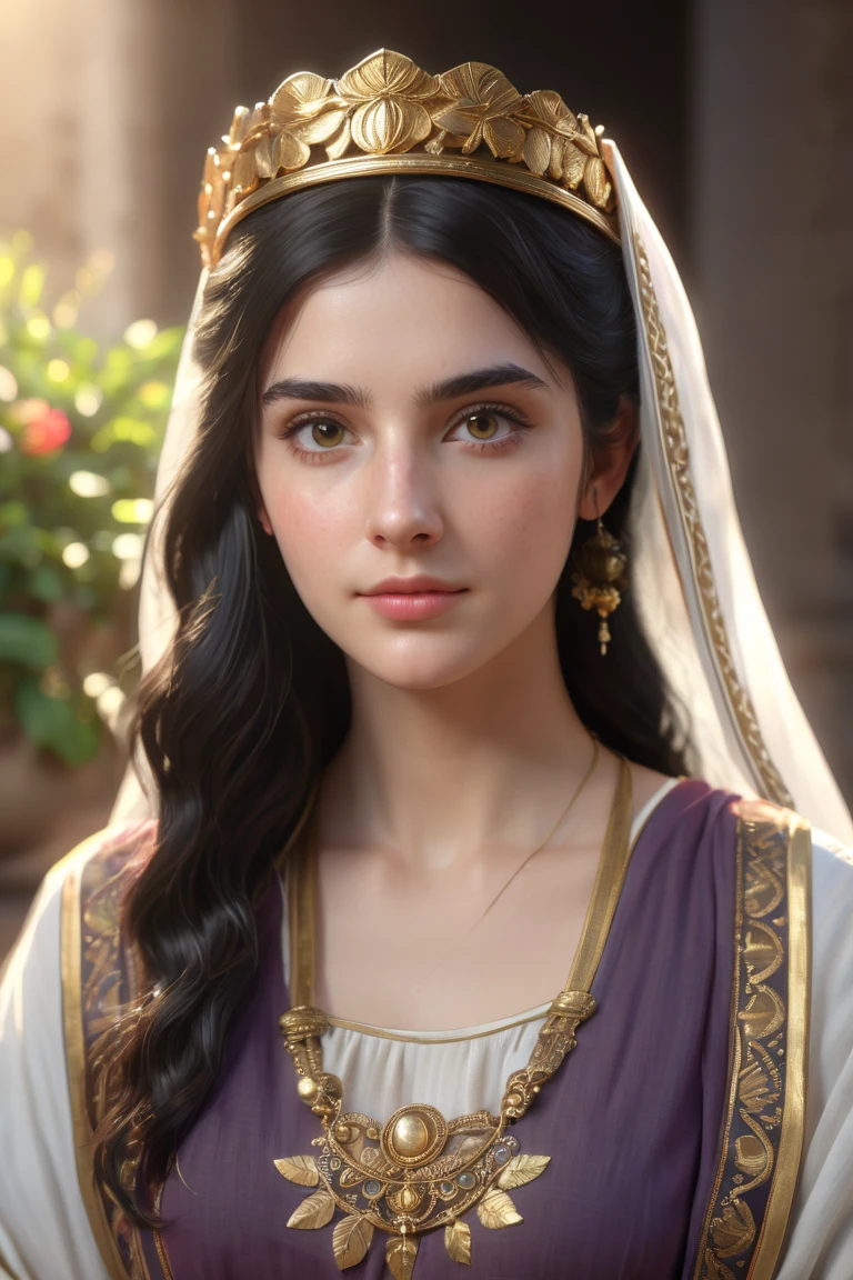 a young woman with long black hair, innocent gaze, large dark eyes, rosy cheeks, fair skin, wearing a tunic of ancient Rome, golden laurel crown, realistic, photorealistic, photo-realistic:1.37, (best quality,4k,8k,highres,masterpiece:1.2),ultra-detailed,(realistic,photorealistic,photo-realistic:1.37),HDR,UHD,studio lighting,ultra-fine painting,sharp focus,physically-based rendering,extreme detail description,professional,vivid colors,bokeh,cute,adorable,kawaii,elegant,beautiful,detailed face,intricate details,cinematic lighting,warm tones