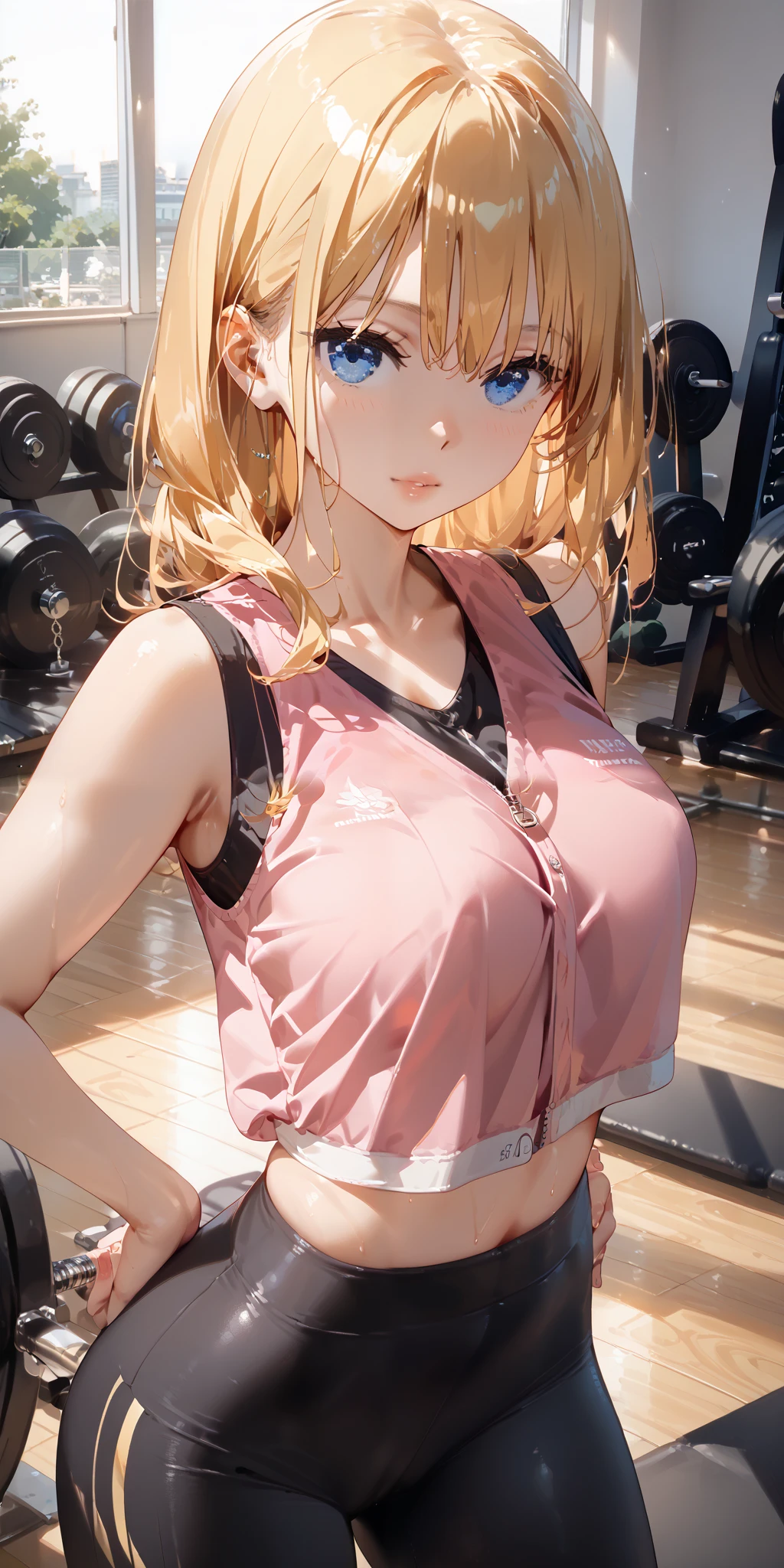 masterpiece,  top quality , 8k,   octane rendering , Exercising at a Japanese gym (1 female: 1.4), (Only one woman is in the photo: 1.4), ( Long Golden Hair), ( pink sports vest |Black yoga pants), ( blue eyes) Side Display