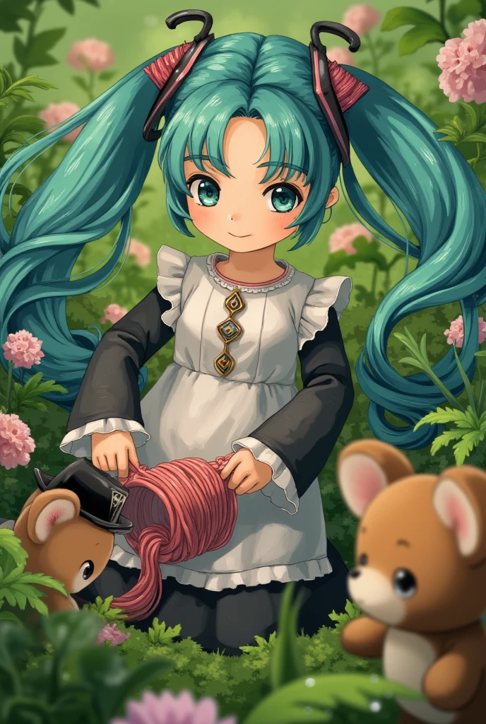 (masterpiece、 top quality 、 top quality 、 Official Art 、 Beautiful and Beautiful :1.2)、( One Girl :1.3) Hatsune Miku 、 twin tails, Beautiful breasts,   cute girl、A knitting toy bear , Small anthropomorphic animals,  wear a 17th century hat and antique clothes, Macro photography in the midst of lush grass,  dewdrops reflecting the surrounding environment ,  A very elaborate toy ,  I can see all the yarn on my toys ,  I can see every wrinkle on my clothes ,  it drags around all of your belongings , Cute Animals, Cute Toys,