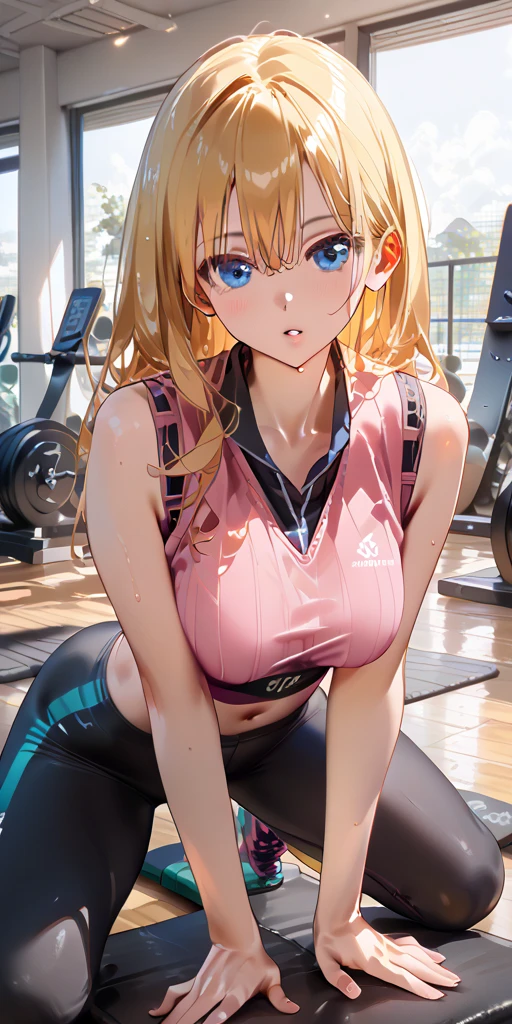 masterpiece,  top quality , 8k,   octane rendering , Exercising at a Japanese gym (1 female: 1.4), (Only one woman is in the photo: 1.4), ( Long Golden Hair), ( pink sports vest |Black yoga pants), ( blue eyes) Side Display