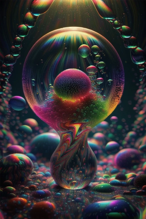 A close up of beautiful bubbles floating on top of each other, LSD, DMT imagery. GlowingNightmare, smile, neon colors, glowing, GlowingRunes_pink, GlowingRunes_green, GlowingRunes_paleblue, psychedelic droplets of water, abstract liquid, and intricate rainbow art. octane render, black 3d fluid simulation,  ethereal bubbles, swirling liquids, and highly detailed, octane render, reflective rainbow bubbles, twisted colors inside of glass spheres, Psilocybin Dream inside an amazing image of light emerging from colors in a shimmering glass morphing out of colors, bright neon and fluorescent colors,very bright, vibrant colors, perfectly formed and symmetrical reflective bubbles and spheres, attention to detail with these beautiful bubbles and spheres, Extreme Hallucinations in a gorgeous piece of  psychedelic digital artwork, Stunning, pixel art, tripped out colors, 4d mandelbulb psychedelics, glass like psychedelic landscape, intricate rainbow environment, psychedelic underwater brightness and glow with neon colors, glowing colors twist inside of translucent glass spheres and bubbles with light and color reflecting off of both in bright fluorescent colors, psychedelic trip, fluorescent and neon aesthetic, psychedelic vibrant colors, bright psychedelic paint splattered backgrounds,swirling spirals and vortex, bright vibrant colors popping out from 3d glass spheres, Rotational Symmetry, Pixel Assets, Portrait photography, Surrealism, Photorealistic, Hyperdetailed, Glass Morphism, Digital Art, Sparkle, Optical Illusion, Glowing Light, Reflective Light, Overexposure, Backlighting, Depth Of Field, Spheres and bubbles show perfect Symmetry, UHD, High Details, High Quality, Super Detailed, Full Focus, Awe inspiring, Shockingly unique wallpaper art, Breathtaking, Indescribably Beautiful, Heaven sent images, Best Quality, Award Winning, Masterpiece. psychedelic droplets of water, abstract liquid, and intricate rainbow art. octane render, black 3d fluid simulation,  