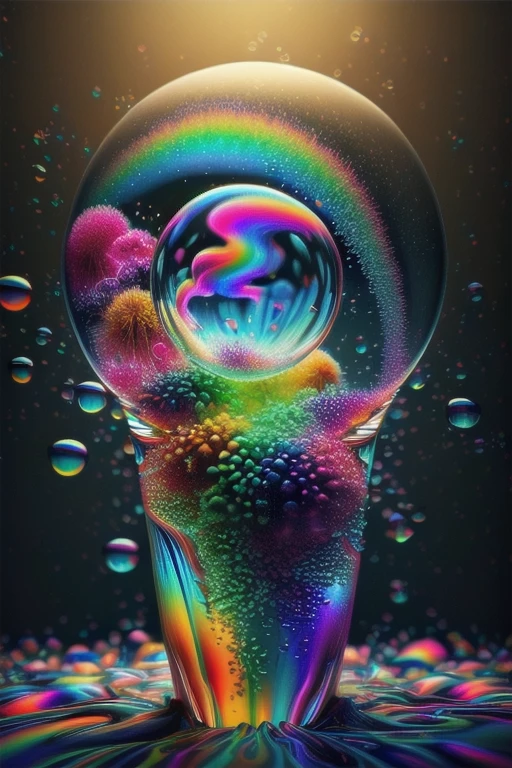 A close up of beautiful bubbles floating on top of each other, LSD, DMT imagery. GlowingNightmare, smile, neon colors, glowing, GlowingRunes_pink, GlowingRunes_green, GlowingRunes_paleblue, psychedelic droplets of water, abstract liquid, and intricate rainbow art. octane render, black 3d fluid simulation, ethereal bubbles, swirling liquids, and highly detailed, octane render, reflective rainbow bubbles, twisted colors inside of glass spheres, Psilocybin Dream inside an amazing image of light emerging from colors in a shimmering glass morphing out of colors, bright neon and fluorescent colors,very bright, vibrant colors, perfectly formed and symmetrical reflective bubbles and spheres, attention to detail with these beautiful bubbles and spheres, Extreme Hallucinations in a gorgeous piece of psychedelic digital artwork, Stunning, pixel art, tripped out colors, 4d mandelbulb psychedelics, glass like psychedelic landscape, intricate rainbow environment, psychedelic underwater brightness and glow with neon colors, glowing colors twist inside of translucent glass spheres and bubbles with light and color reflecting off of both in bright fluorescent colors, psychedelic trip, fluorescent and neon aesthetic, psychedelic vibrant colors, bright psychedelic paint splattered backgrounds,swirling spirals and vortex, bright vibrant colors popping out from 3d glass spheres, Rotational Symmetry, Pixel Assets, Portrait photography, Surrealism, Photorealistic, Hyperdetailed, Glass Morphism, Digital Art, Sparkle, Optical Illusion, Glowing Light, Reflective Light, Overexposure, Backlighting, Depth Of Field, Spheres and bubbles show perfect Symmetry, UHD, High Details, High Quality, Super Detailed, Full Focus, Awe inspiring, Shockingly unique wallpaper art, Breathtaking, Indescribably Beautiful, Heaven sent images, Best Quality, Award Winning, Masterpiece. psychedelic droplets of water, abstract liquid, and intricate rainbow art. octane render, black 3d fluid simulation,