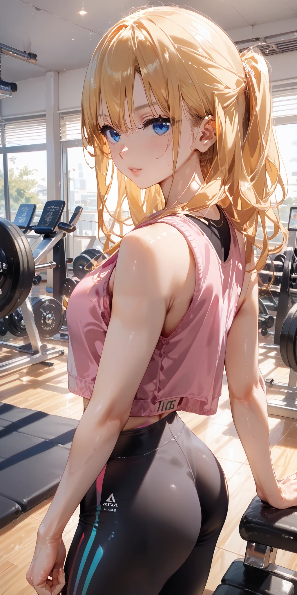 masterpiece,  top quality , 8k,   octane rendering , Exercising at a Japanese gym (1 female: 1.4), (Only one woman is in the photo: 1.4), ( Long Golden Hair), ( pink sports vest |Black yoga pants), ( blue eyes) Side Display