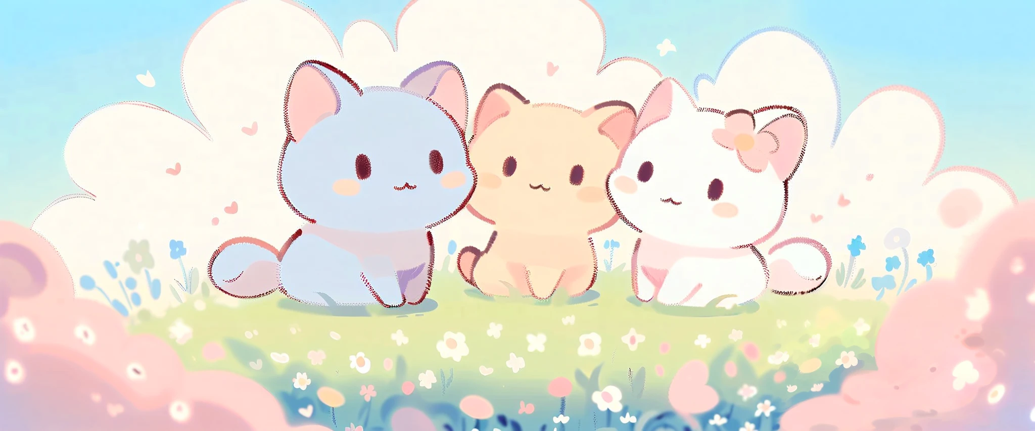 cartoon cat and kittens In a field of flowers with a sky background, Animated visual of cute cats, Kawaii cat, Cute cat, Lovely artwork, sitting In a field of flowers, In a field of flowers, Cute anime, Soft anime illustration, by Eizan This is a gift, Illustration of two cats, Anime cat, background is heavenly，Blue sky and white clouds，landscape ,Scottish folding cat. lakeside, wildflowers, There are houses in the distance. Dreamy