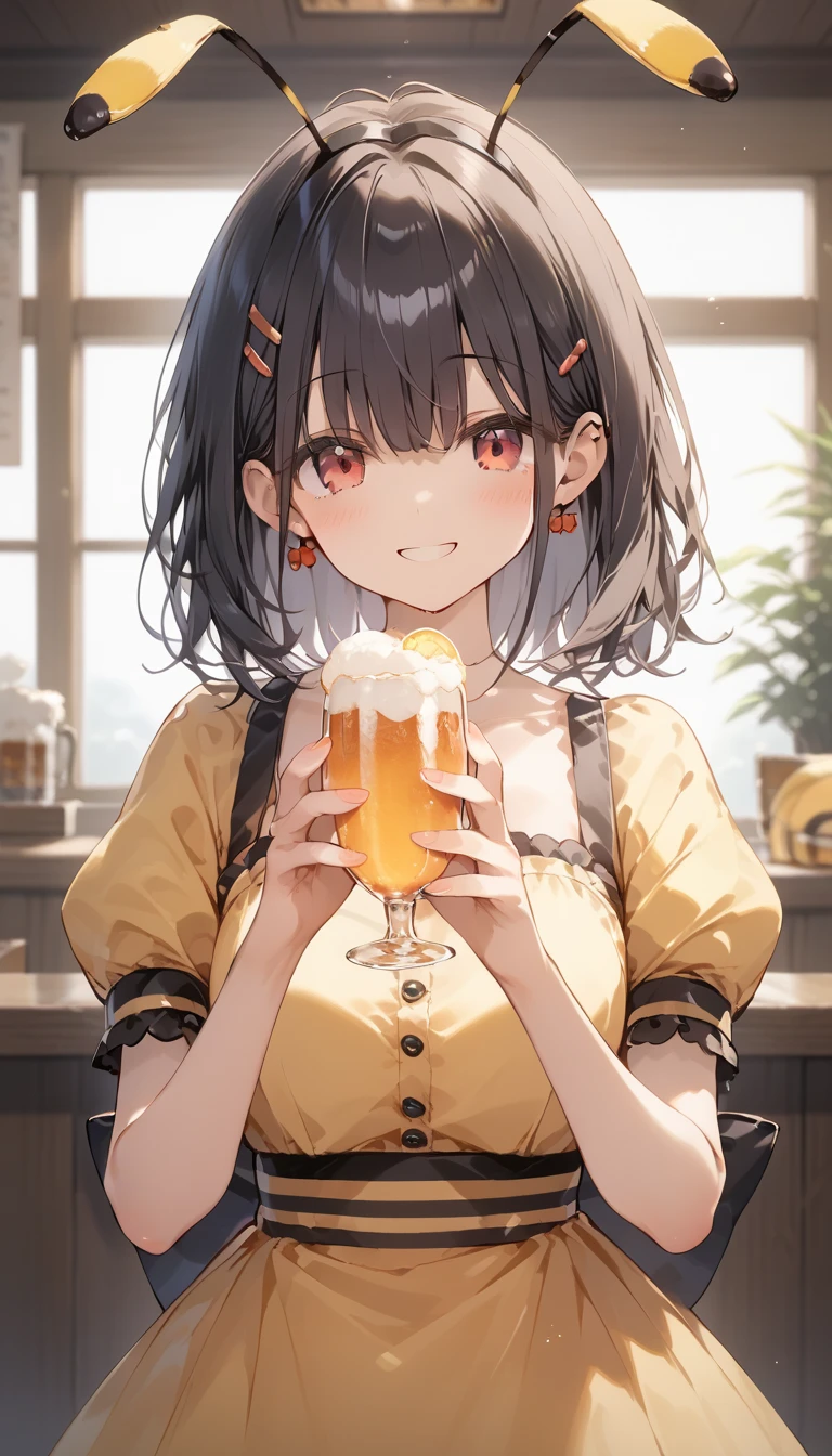 NijiEX style Anime illustration of a girl, shoulder-length hair and bang, holding a beer mug, A Calico cat rests on top of her head.  NijiEX style illustration