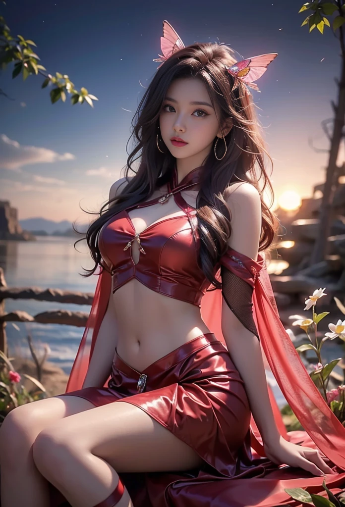8K, ultra hd, masterpiece, hd colors, 1 girl, perfect face, very long curly hair, detailed eyes, detailed dress, ((orange dress)), stocking, flower lace, ((mesh ribbon)), sardine, straps, net clothing, loops, ((flowing cape)), bare navel, jwellery, waterside, Realistic scenery, epic scenery, sun rising, night, clouds, Butterfly, blossom, blowing wind, perfect pose, ray tracing, bloom, upper body, sitting,