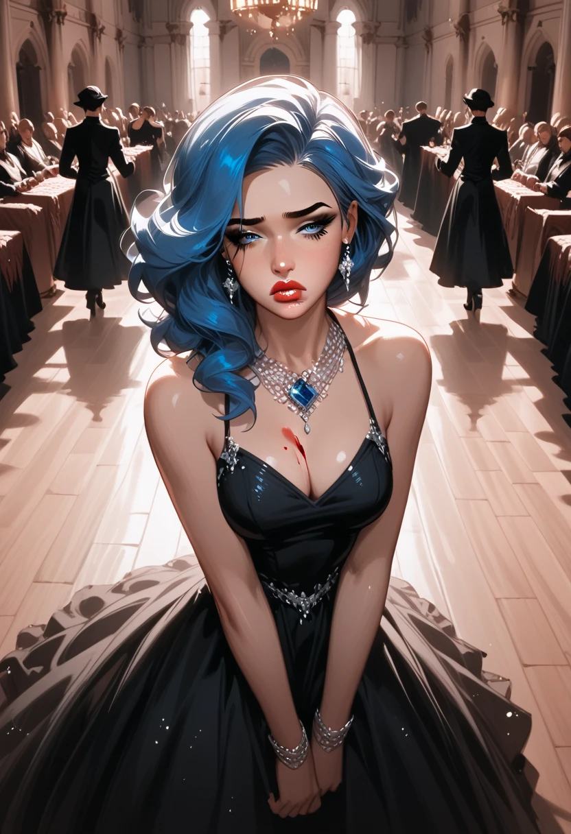  score_9,  score_8_above,  score_7_above,  source  _animated, arrogant,girl, very elegant, expressive eyes, Nostalgic girl,sad girl,  semi-transparent dress,  black dress , in a palace, dramatic light (dramatic light),  thick hair,  winked blue hair, ,delicate woman, dark people dancing in the background, Dark atmosphere, mysterious, spilled blood.